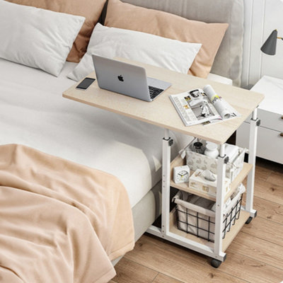 Height-Adjustable Mobile Desk beside the Bed and Sofa with Anti-falling Storage Shelf and Brakes