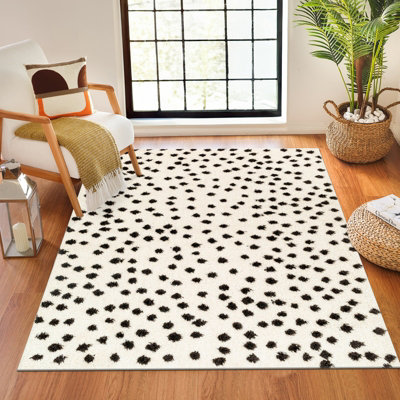 HEKUBA Shaggy Modern Plush Pile Black/Ivory Polka Dot Area Rug 160 x 213 cm