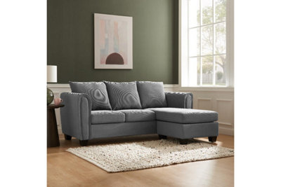 Helena 3 Seater Sofa With Chaise, Grey Cord