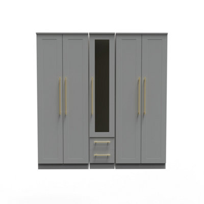 Helmsley Tall 5 Door 2 Drawer 1 Mirror Wardrobe in Dusk Grey (Ready Assembled)