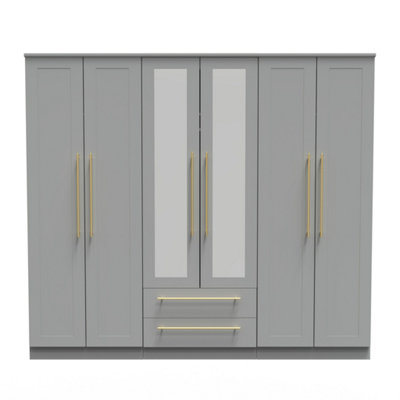 Helmsley Tall 6 Door 2 Drawer 2 Mirror Wardrobe in Dusk Grey (Ready Assembled)