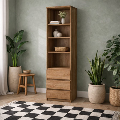 Hemingway Tall Natural Oak 3-Drawer Narrow Bookcase