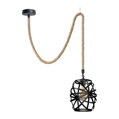 Hemp Rope E27 single head Pendant Light With metal black wire cage - Main Image