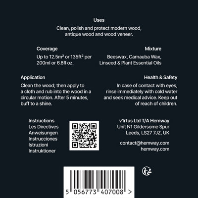 Hemway Premium Natural Beeswax Clear Furniture Wax Polish 200ml / 6.8fl oz, Polish and Protect Modern & Antique Wood & Furniture