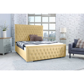 Hendrick Plush Bed Frame With Chesterfield Headboard - Beige