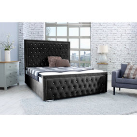 Hendrick Plush Bed Frame With Chesterfield Headboard - Black