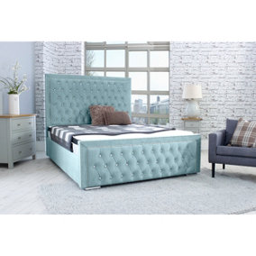 Hendrick Plush Bed Frame With Chesterfield Headboard - Duck Egg