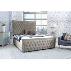 Hendrick Plush Bed Frame With Chesterfield Headboard - Grey