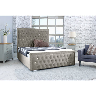 Hendrick Plush Bed Frame With Chesterfield Headboard - Grey