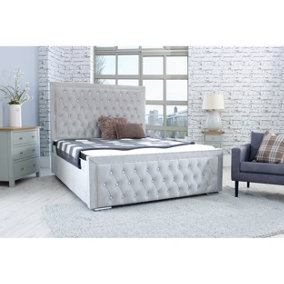 Hendrick Plush Bed Frame With Chesterfield Headboard - Silver