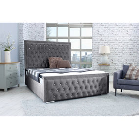 Hendrick Plush Bed Frame With Chesterfield Headboard - Steel