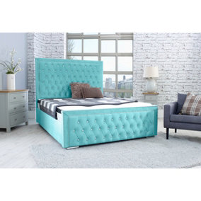Hendrick Plush Bed Frame With Chesterfield Headboard - Teal