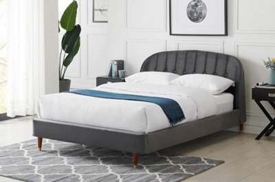 Hera Fabric Bed Frame Grey Plush Velvet King Size Bed Curved Paneled