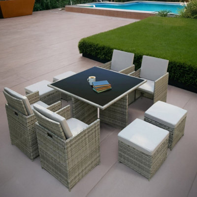 8 seater rattan cube outdoor dining set with parasol discount