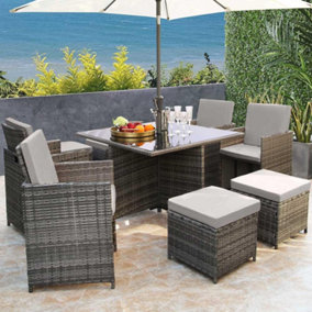 Hera Rattan Cube 8 Seater Dining Garden Patio Set w/ Parasol Hole - Grey