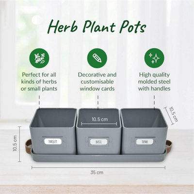 Herb Pots for Kitchen Windowsill - Set of 3 Charcoal Grey Planters with Leather Handled Tray with Labels
