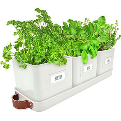 Herb Pots for Kitchen Windowsill - Set of 3 Warm Stone Herb Planters with Leather Handled Tray Labels Included
