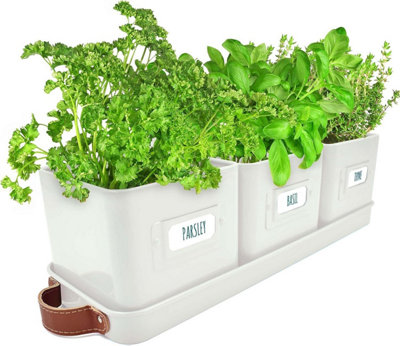 Herb Pots for Kitchen Windowsill Set with Leather Handled Tray Indoor Planters with Drainage & Labels Included