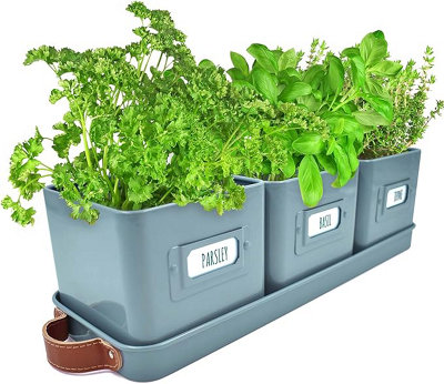 Herb Pots Set 3 Teal Blue Indoor Planters with Leather Tray for Kitchen Windowsill - Labels Included