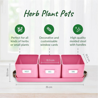 Herb Pots Set of 3 - Pink Indoor Planters with Leather Handled Tray, Labels, and Drainage - Ideal for Windowsill Gardens