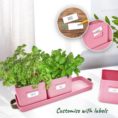 Herb Pots Set of 3 - Pink Indoor Planters with Leather Handled Tray, Labels, and Drainage - Ideal for Windowsill Gardens