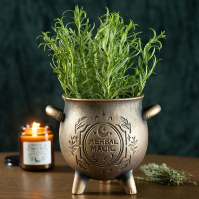 Herbal Magic Bronze Effect Terracotta Cauldron Plant Pot for Herbs ...