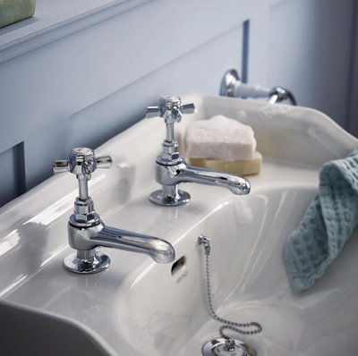 Heritage Dawlish Traditional Chrome Basin Pillar Taps, Pair of Crosshead Bathroom Sink Tap - Lifetime Guarantee