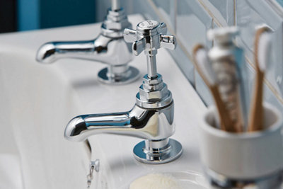Heritage Dawlish Traditional Chrome Mini Basin Pillar Taps, Pair of Crosshead Bathroom Sink Tap - Lifetime Guarantee