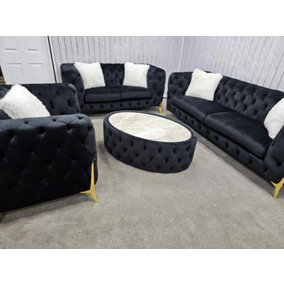 Hermes 3+2+1 Seater Black and Gold Sofa with Footstool