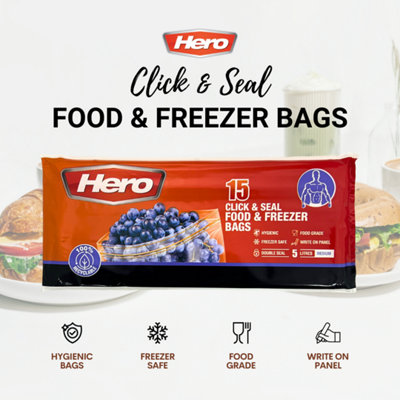 Hero 15 x Sealable Freezer Bags, Large 5L Click Seal Bags Food Reusable ...
