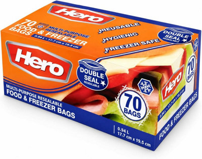 Hero 70 x Sealable Freezer Bags, Medium 1L Ziplock Bags Food Reusable ...