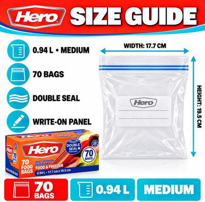 Hero 70 x Sealable Freezer Bags, Medium 1L Ziplock Bags Food Reusable ...