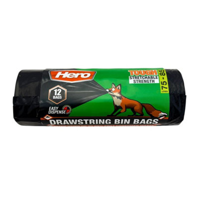Hero 75-85L Black Bin Bags 12 X Recycled Heavy Duty Strong Rubbish ...