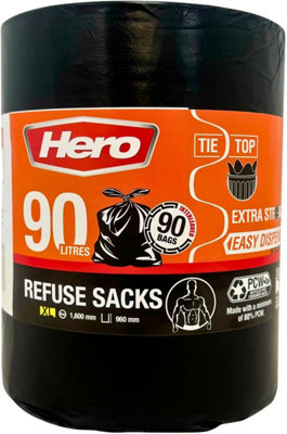 Hero 90l Extra Strong Bin Bags 90 x Heavy Duty Rubbish Tie Top