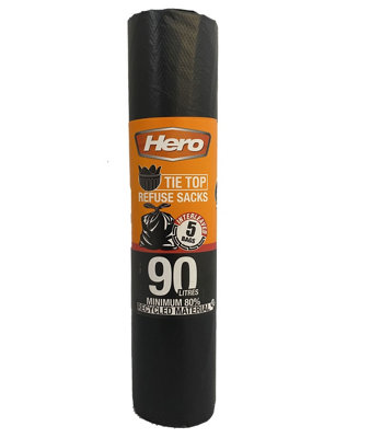Hero 90L Heavy Duty Bin Bag  Garden & Home Rubbish Waste Sacks Large 5 Black Bags