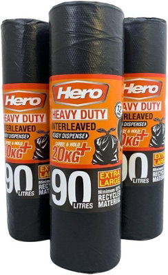 Hero 90L Heavy Duty Bin Bags 12 x Extra Strong Tie Handle Eco Rubbish ...