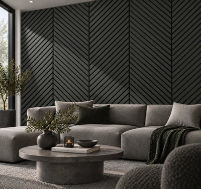 Herringbone Chevron Acoustic Slat Wall Panels Black HDF & Felt Sound ...
