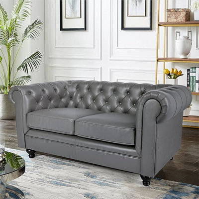 Hertford Chesterfield Faux Leather 2 Seater Sofa In Dark Grey