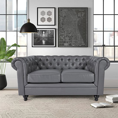 Hertford Chesterfield Faux Leather 2 Seater Sofa In Dark Grey