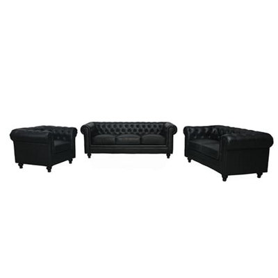 Hertford Chesterfield Faux Leather 3+2+1 Sofa Set In Black