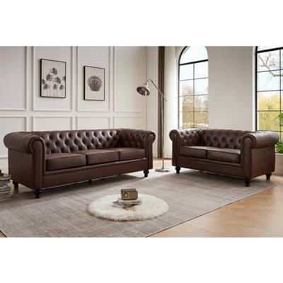 Hertford Chesterfield Faux Leather 3+2 Seater Sofa Set In Dark Brown