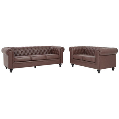 Hertford Chesterfield Faux Leather 3+2 Seater Sofa Set In Dark Brown