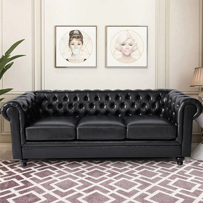 Hertford Chesterfield Faux Leather 3 Seater Sofa In Black