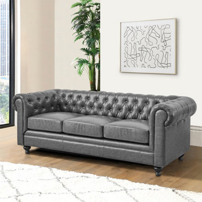 Buy Hertford Chesterfield Faux Leather 3 Seater Sofa In Vintage Grey at B&Q
