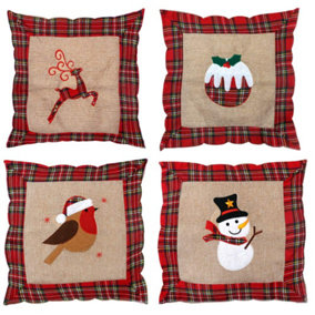 Hessian Home Bedroom Office Decorations Printed Pillow Covers Set of 4 Reindeer Snowman Robin andChristmas Pudding 40x40cm