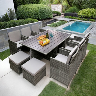Hestia Rattan Cube 10 Seater Dining Garden Patio Set w Parasol Hole Grey