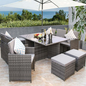 Hestia Rattan Cube 10 Seater Dining Garden Patio Set w/ Parasol Hole - Grey