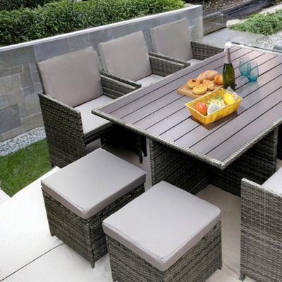 Hestia Rattan Cube 10 Seater Dining Garden Patio Set w Parasol Hole Grey DIY at B Q