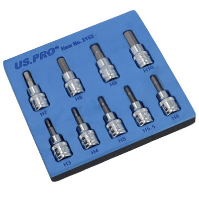 Hex / Allen Sockets Key Bits 3/8" Drive 2mm - 10mm 9pcs AT730