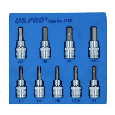 Hex / Allen Sockets Key Bits 3/8" Drive 2mm - 10mm 9pcs AT730